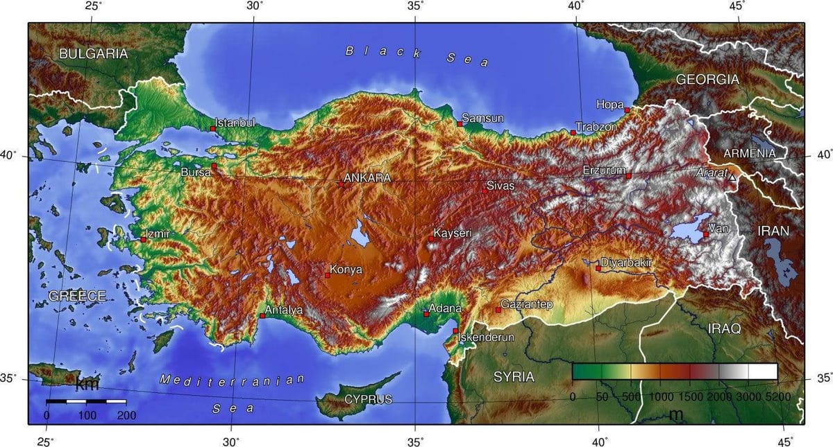 Karte von der Türkei elevation